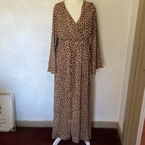 Pink Lily Women Animal Print Flare Sleeves Belted Faux Wrap Maxi Dress Size S